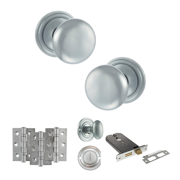 Old English Harrogate Door Knob Pack (Lock Set - Horizontal Bathlock, 4" Fire Rated Hinges x3) by Atlantic Hardware