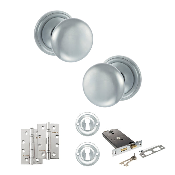 Old English Harrogate Door Knob Pack (Lock Set - Horizontal Sashlock, 4" Slim Knuckle Hinges x2) by Atlantic Hardware