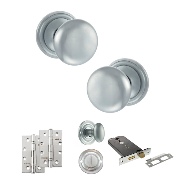 Old English Harrogate Door Knob Pack (Lock Set - Horizontal Bathlock, 4" Slim Knuckle Hinges x2) by Atlantic Hardware