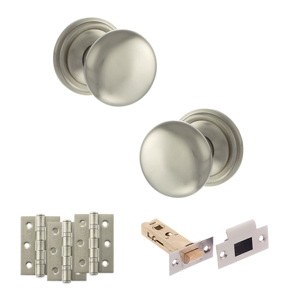Old English Harrogate Door Knob Pack (Latch Set - 3" HD Latch, 3" Fire Rated Hinges x3) by Atlantic Hardware