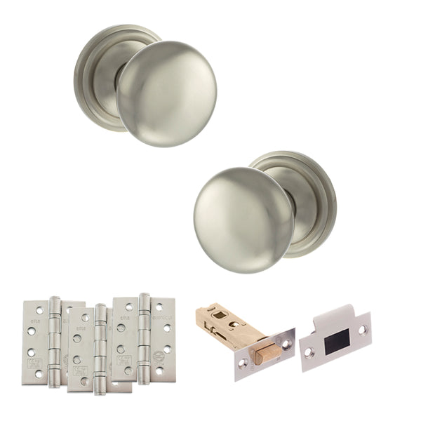 Old English Harrogate Door Knob Pack (Latch Set - 4" HD Latch, 4" Fire Rated Hinges x3) by Atlantic Hardware