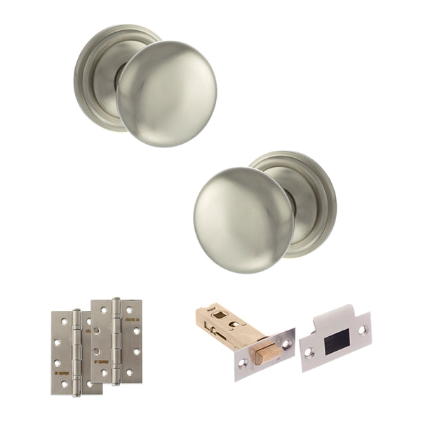 Old English Harrogate Door Knob Pack (Latch Set - 4" HD Latch, 4" Slim Knuckle Hinges x2) by Atlantic Hardware