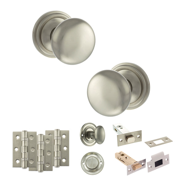 Old English Harrogate Door Knob Pack (Bathroom Set - 3" Deadbolt, 3" Fire Rated Hinges x3) by Atlantic Hardware