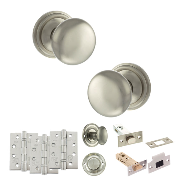 Old English Harrogate Door Knob Pack (Bathroom Set - 4" Deadbolt, 4" Fire Rated Hinges x3) by Atlantic Hardware
