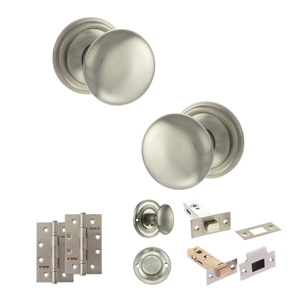 Old English Harrogate Door Knob Pack (Bathroom Set - 4" Deadbolt, 4" Slim Knuckle Hinges x2) by Atlantic Hardware