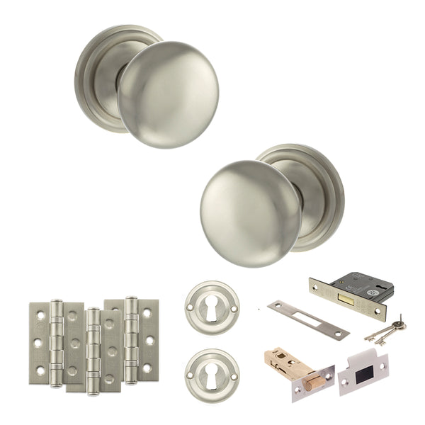 Old English Harrogate Door Knob Pack (Lock Set - 3" Latch & Deadlock, 3" Fire Rated Hinges x3) by Atlantic Hardware