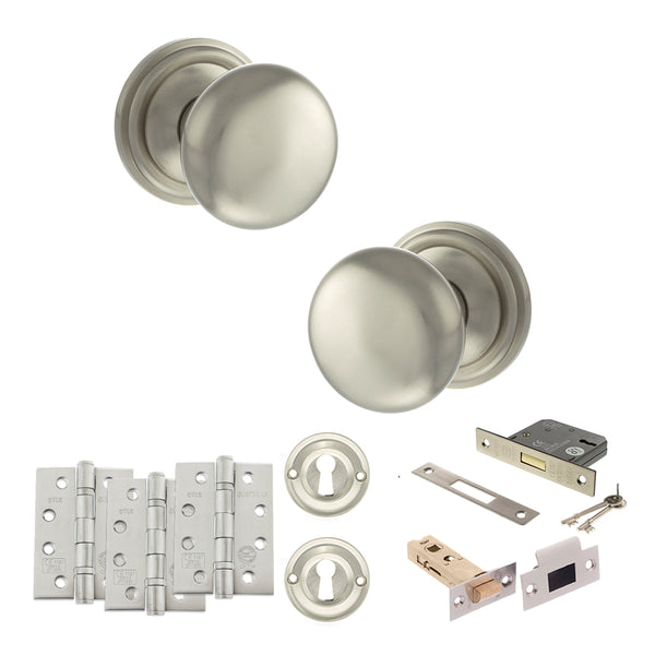 Old English Harrogate Door Knob Pack (Lock Set - 3" Latch & Deadlock, 4" Fire Rated Hinges x3) by Atlantic Hardware