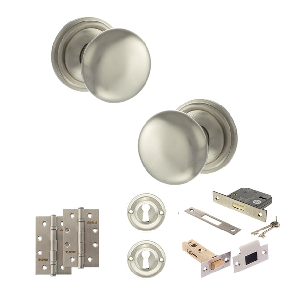Old English Harrogate Door Knob Pack (Lock Set - 3" Latch & Deadlock, 4" Slim Knuckle Hinges x2) by Atlantic Hardware