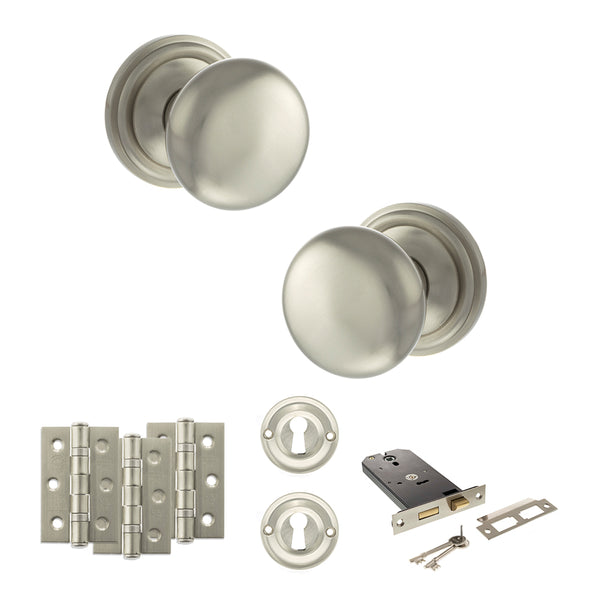 Old English Harrogate Door Knob Pack (Lock Set - Horizontal Sashlock, 3" Fire Rated Hinges x3) by Atlantic Hardware