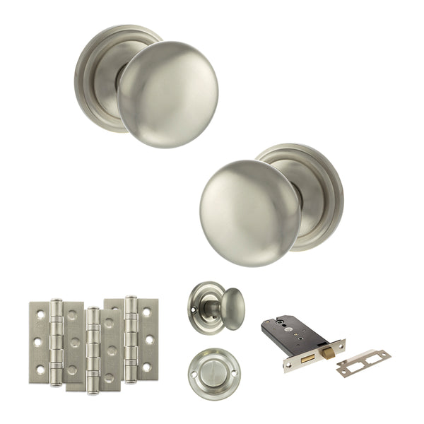 Old English Harrogate Door Knob Pack (Lock Set - Horizontal Bathlock, 3" Fire Rated Hinges x3) by Atlantic Hardware