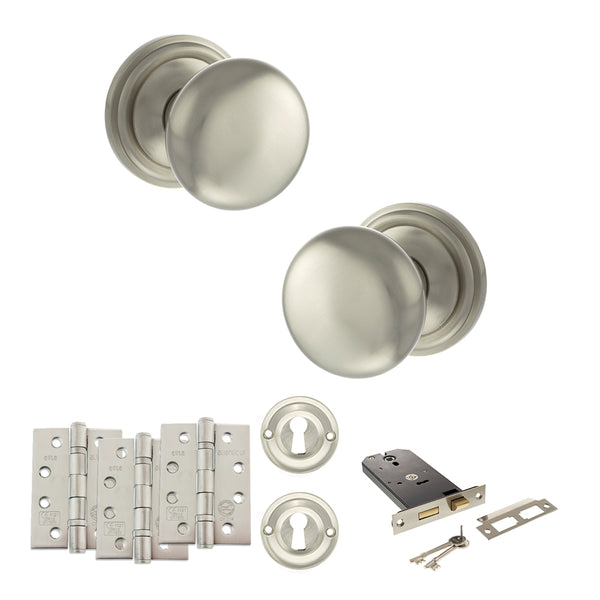 Old English Harrogate Door Knob Pack (Lock Set - Horizontal Sashlock, 4" Fire Rated Hinges x3) by Atlantic Hardware