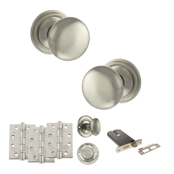 Old English Harrogate Door Knob Pack (Lock Set - Horizontal Bathlock, 4" Fire Rated Hinges x3) by Atlantic Hardware