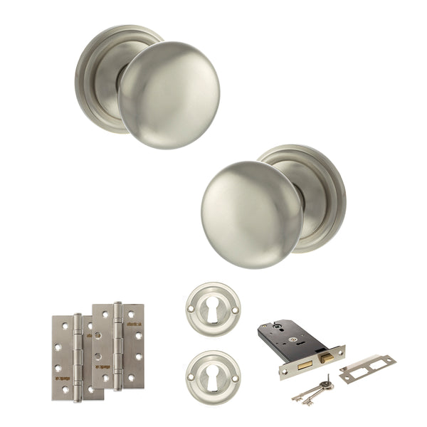 Old English Harrogate Door Knob Pack (Lock Set - Horizontal Sashlock, 4" Slim Knuckle Hinges x2) by Atlantic Hardware