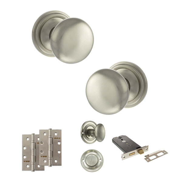 Old English Harrogate Door Knob Pack (Lock Set - Horizontal Bathlock, 4" Slim Knuckle Hinges x2) by Atlantic Hardware