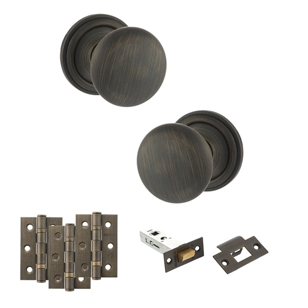 Old English Harrogate Door Knob Pack (Latch Set - 3" HD Latch, 3" Fire Rated Hinges x3) by Atlantic Hardware