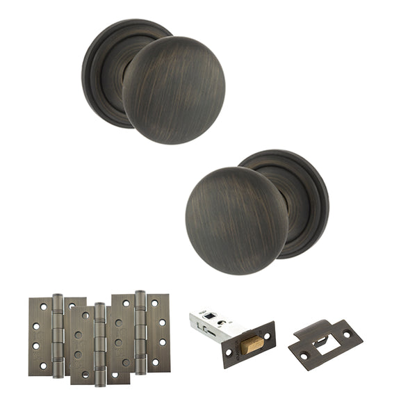 Old English Harrogate Door Knob Pack (Latch Set - 3" HD Latch, 4" Fire Rated Hinges x3) by Atlantic Hardware