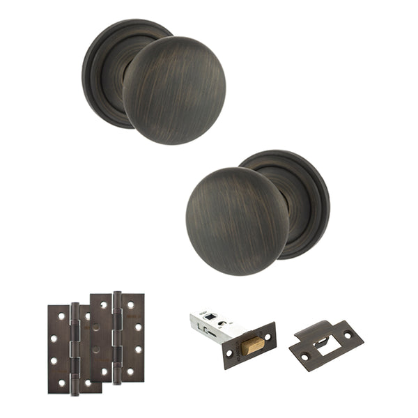 Old English Harrogate Door Knob Pack (Latch Set - 3" HD Latch, 4" Slim Knuckle Hinges x2) by Atlantic Hardware