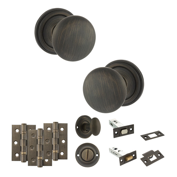 Old English Harrogate Door Knob Pack (Bathroom Set - 4" Deadbolt, 3" Fire Rated Hinges x3) by Atlantic Hardware