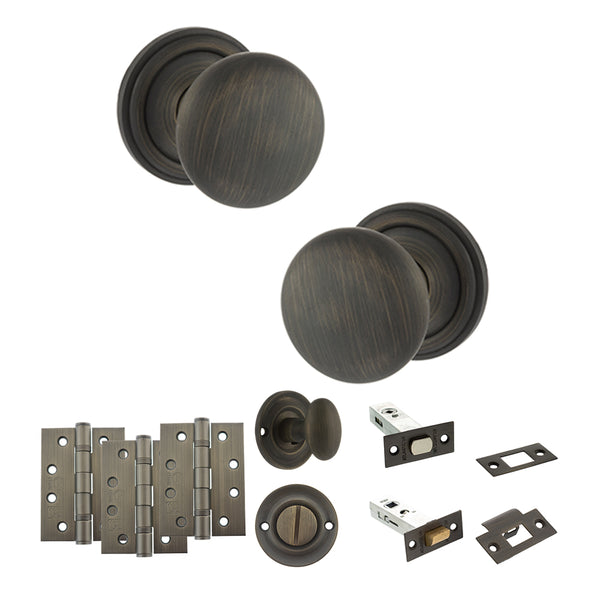 Old English Harrogate Door Knob Pack (Bathroom Set - 4" Deadbolt, 4" Fire Rated Hinges x3) by Atlantic Hardware