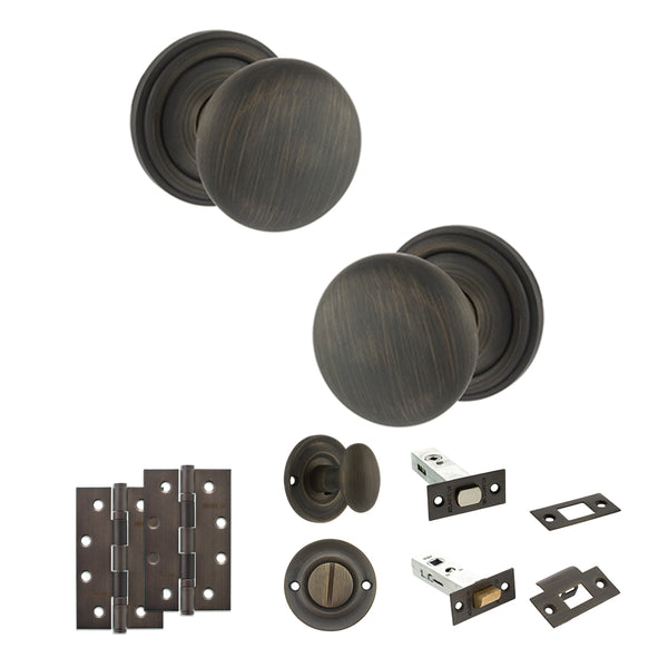 Old English Harrogate Door Knob Pack (Bathroom Set - 4" Deadbolt, 4" Slim Knuckle Hinges x2) by Atlantic Hardware