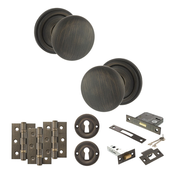 Old English Harrogate Door Knob Pack (Lock Set - 3" Latch & Deadlock, 3" Fire Rated Hinges x3) by Atlantic Hardware