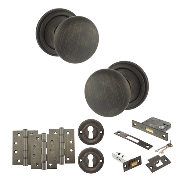 Old English Harrogate Door Knob Pack (Lock Set - 3" Latch & Deadlock, 4" Fire Rated Hinges x3) by Atlantic Hardware