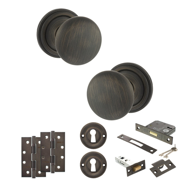 Old English Harrogate Door Knob Pack (Lock Set - 3" Latch & Deadlock, 4" Slim Knuckle Hinges x2) by Atlantic Hardware