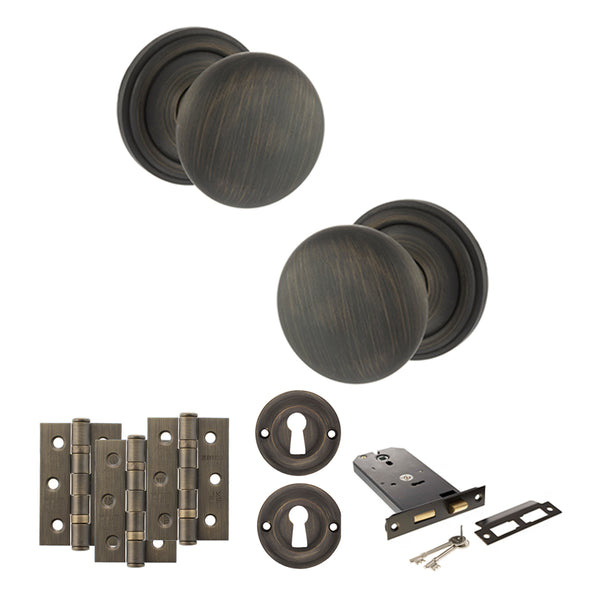 Old English Harrogate Door Knob Pack (Lock Set - Horizontal Sashlock, 3" Fire Rated Hinges x3) by Atlantic Hardware