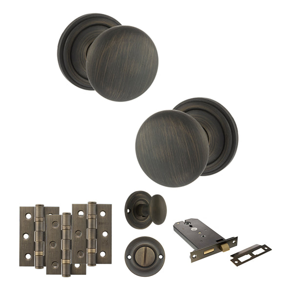 Old English Harrogate Door Knob Pack (Lock Set - Horizontal Bathlock, 3" Fire Rated Hinges x3) by Atlantic Hardware