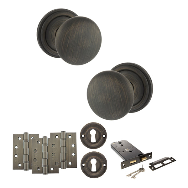 Old English Harrogate Door Knob Pack (Lock Set - Horizontal Sashlock, 4" Fire Rated Hinges x3) by Atlantic Hardware