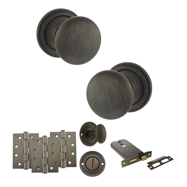 Old English Harrogate Door Knob Pack (Lock Set - Horizontal Bathlock, 4" Fire Rated Hinges x3) by Atlantic Hardware