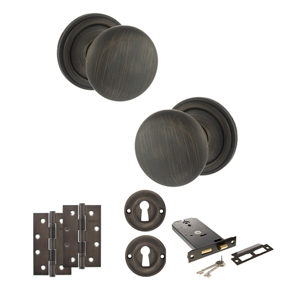 Old English Harrogate Door Knob Pack (Lock Set - Horizontal Sashlock, 4" Slim Knuckle Hinges x2) by Atlantic Hardware