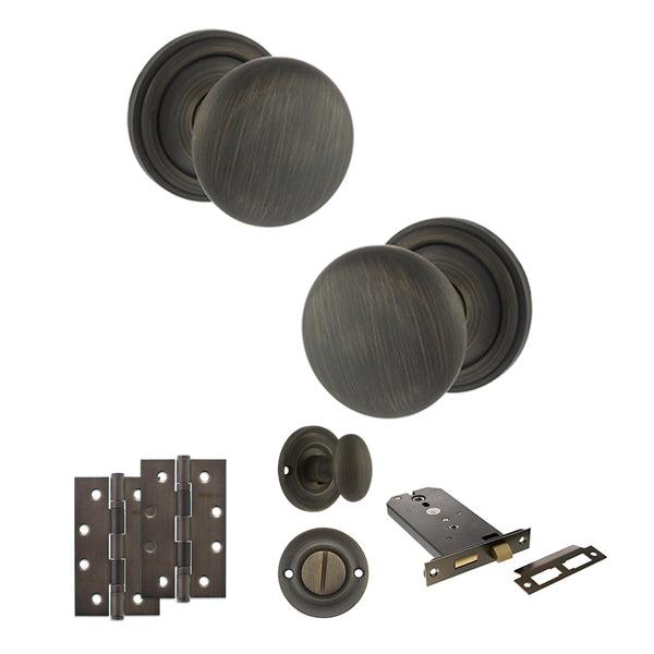 Old English Harrogate Door Knob Pack (Lock Set - Horizontal Bathlock, 4" Slim Knuckle Hinges x2) by Atlantic Hardware