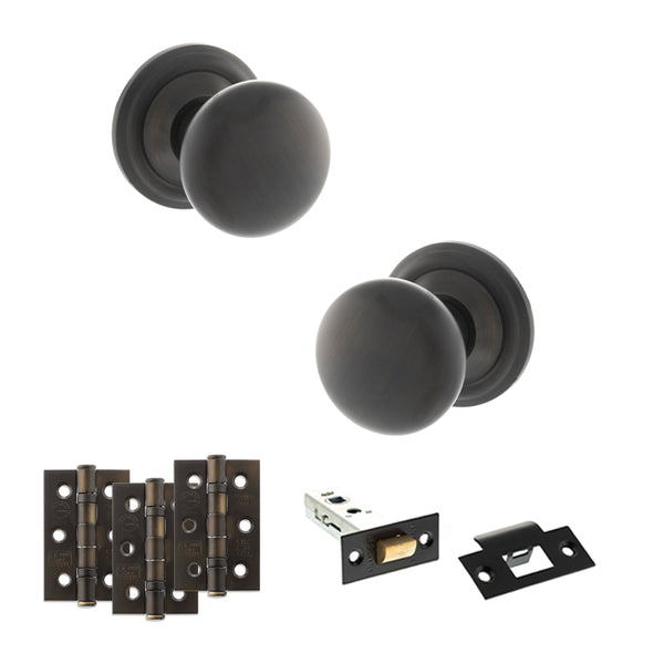 Old English Harrogate Door Knob Pack (Latch Set - 3" HD Latch, 3" Fire Rated Hinges x3) by Atlantic Hardware