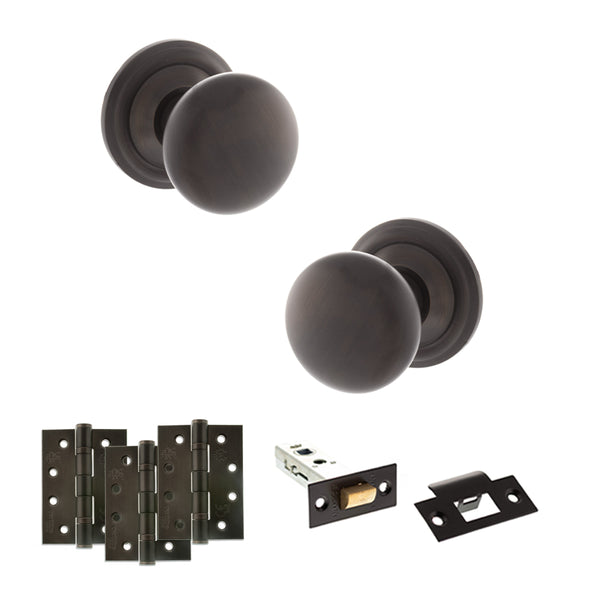Old English Harrogate Door Knob Pack (Latch Set - 4" HD Latch, 4" Fire Rated Hinges x3) by Atlantic Hardware