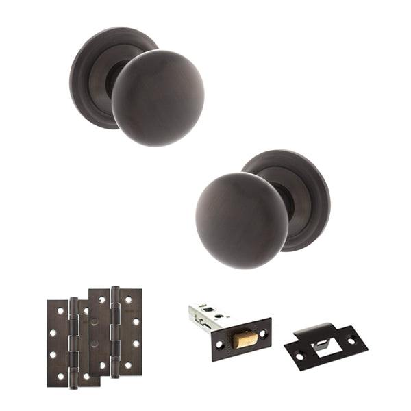 Old English Harrogate Door Knob Pack (Latch Set - 3" HD Latch, 4" Slim Knuckle Hinges x2) by Atlantic Hardware
