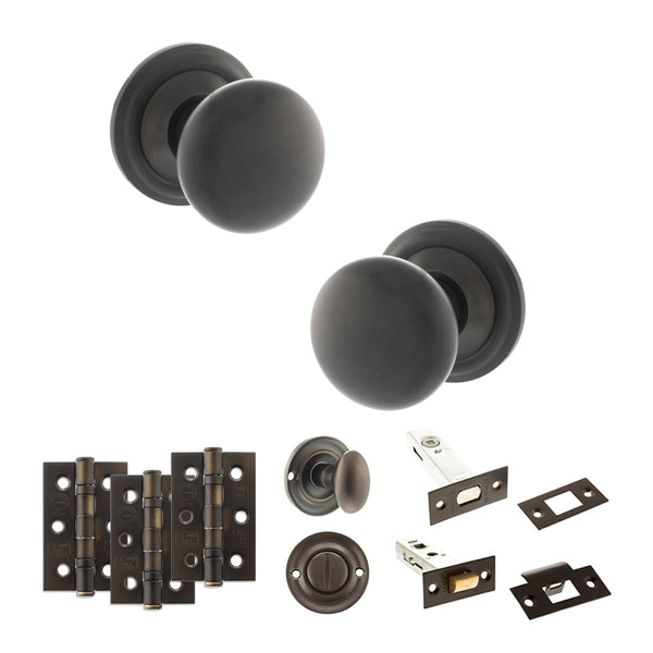 Old English Harrogate Door Knob Pack (Bathroom Set - 4" Deadbolt, 3" Fire Rated Hinges x3) by Atlantic Hardware
