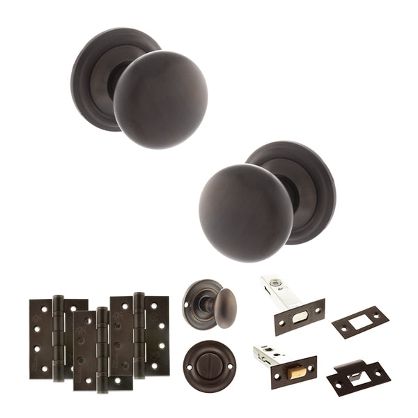 Old English Harrogate Door Knob Pack (Bathroom Set - 3" Deadbolt, 4" Fire Rated Hinges x3) by Atlantic Hardware