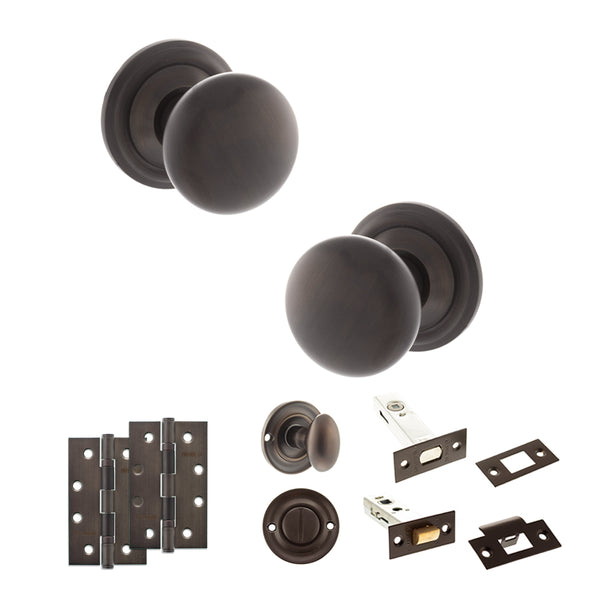 Old English Harrogate Door Knob Pack (Bathroom Set - 3" Deadbolt, 4" Slim Knuckle Hinges x2) by Atlantic Hardware