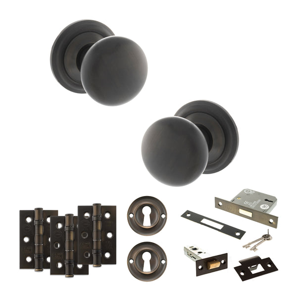 Old English Harrogate Door Knob Pack (Lock Set - 3" Latch & Deadlock, 3" Fire Rated Hinges x3) by Atlantic Hardware