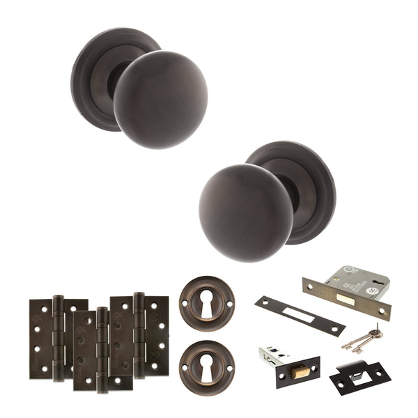 Old English Harrogate Door Knob Pack (Lock Set - 3" Latch & Deadlock, 4" Fire Rated Hinges x3) by Atlantic Hardware