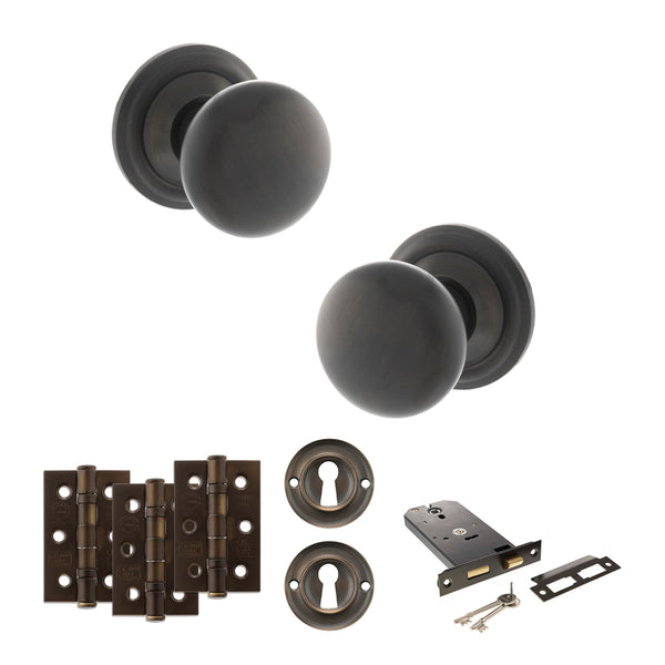Old English Harrogate Door Knob Pack (Lock Set - Horizontal Sashlock, 3" Fire Rated Hinges x3) by Atlantic Hardware