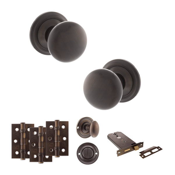 Old English Harrogate Door Knob Pack (Lock Set - Horizontal Bathlock, 3" Fire Rated Hinges x3) by Atlantic Hardware