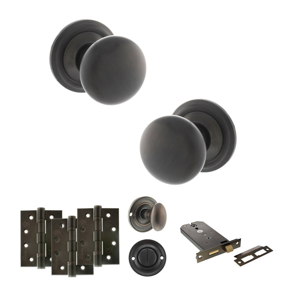 Old English Harrogate Door Knob Pack (Lock Set - Horizontal Bathlock, 4" Fire Rated Hinges x3) by Atlantic Hardware