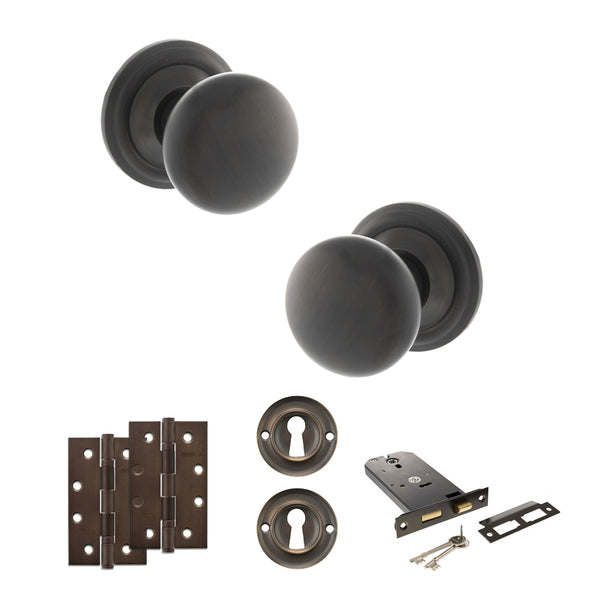 Old English Harrogate Door Knob Pack (Lock Set - Horizontal Sashlock, 4" Slim Knuckle Hinges x2) by Atlantic Hardware