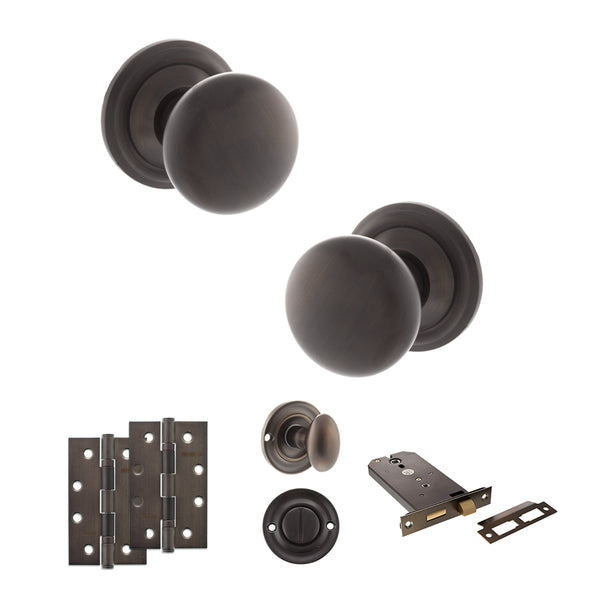 Old English Harrogate Door Knob Pack (Lock Set - Horizontal Bathlock, 4" Slim Knuckle Hinges x2) by Atlantic Hardware