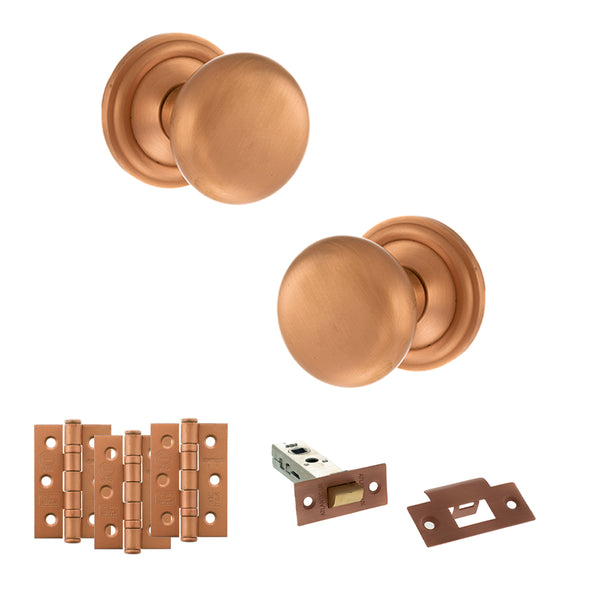 Old English Harrogate Door Knob Pack (Latch Set - 4" HD Latch, 3" Fire Rated Hinges x3) by Atlantic Hardware