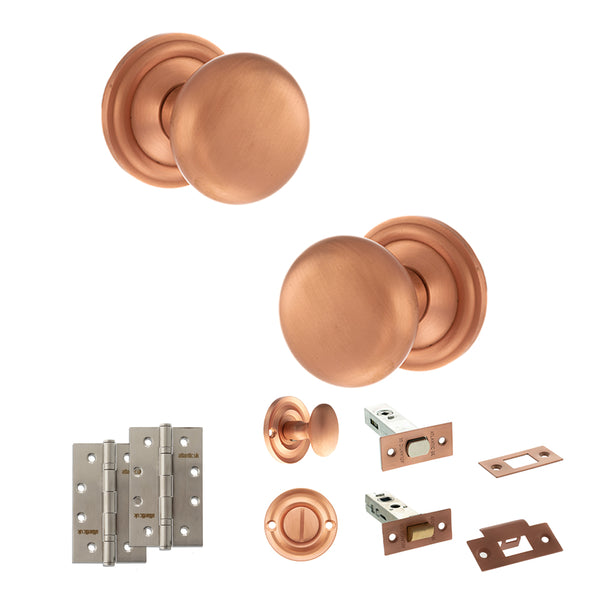 Old English Harrogate Door Knob Pack (Bathroom Set - 3" Deadbolt, 4" Slim Knuckle Hinges x2) by Atlantic Hardware