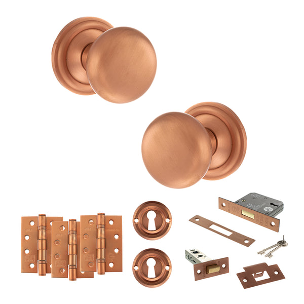 Old English Harrogate Door Knob Pack (Lock Set - 3" Latch & Deadlock, 4" Fire Rated Hinges x3) by Atlantic Hardware