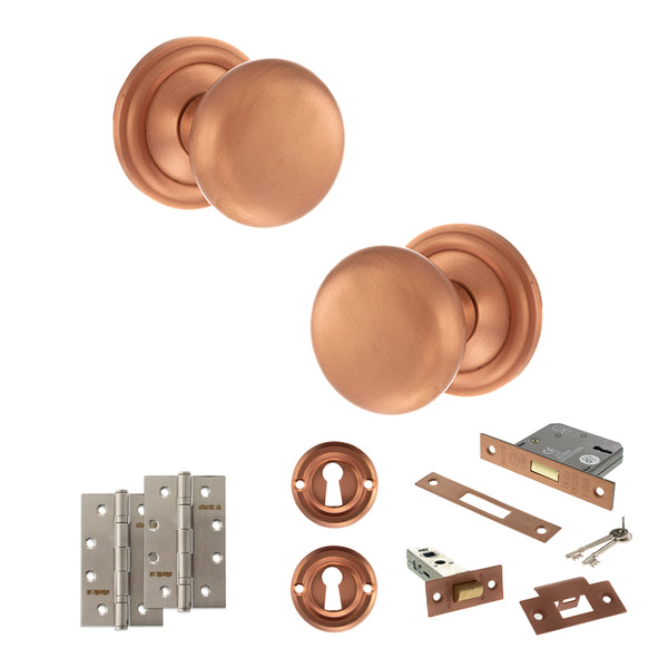 Old English Harrogate Door Knob Pack (Lock Set - 3" Latch & Deadlock, 4" Slim Knuckle Hinges x2) by Atlantic Hardware